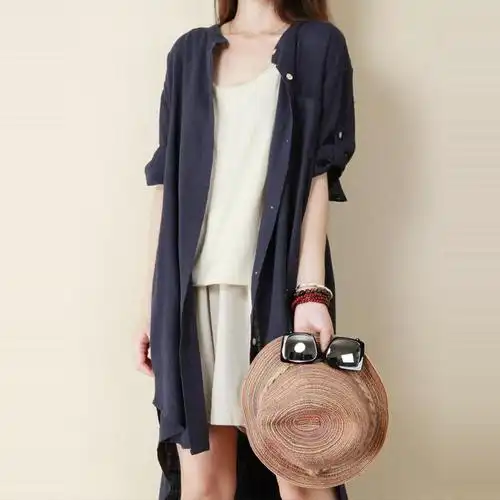 防晒显瘦中长款亚麻棉麻女装上衣夏季宽松短袖学院风学生衬衫衬衣