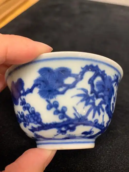 明嘉靖青花岁寒三友纹杯一组四件