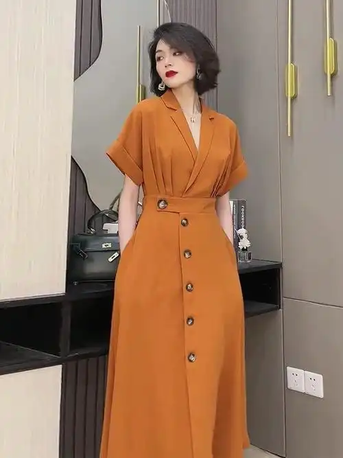 橘色连衣裙2022新款女装夏季御姐轻熟风气质名媛高端奢华大牌裙子