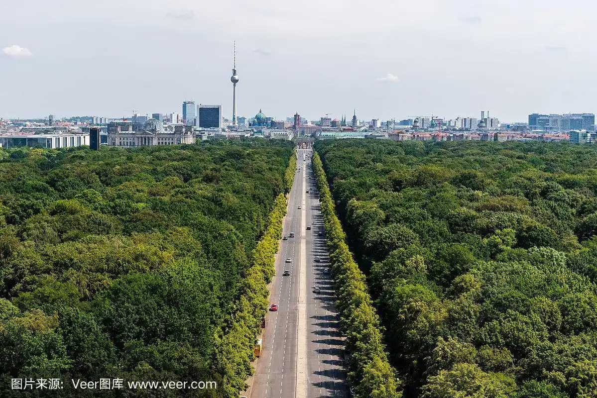 鸟瞰图的蒂尔加滕公园和柏林市的主要地标,德国