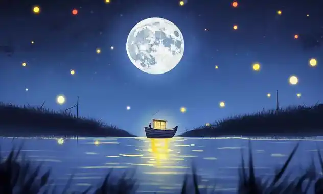 圆月湖面倒影的圆月小船漂浮唯美插图卡通浪漫手绘梦幻风古风插图