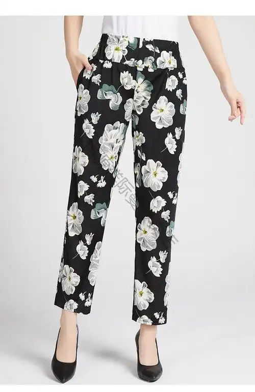 恒源祥花裤子女夏天穿中老年冰丝女裤薄款夏季妈妈弹力花裤子中年松紧