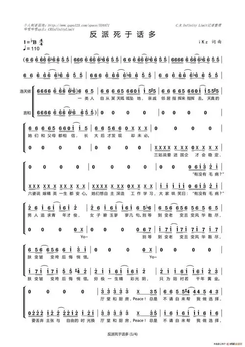 反派死于话多简谱-曲谱 - 酷好简谱