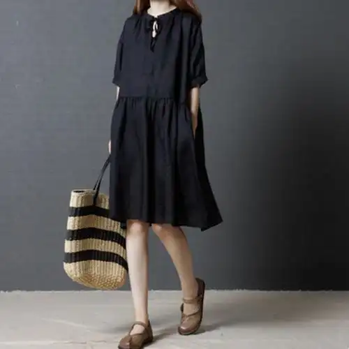 亚麻女装胖mm宽松中长裙子纯色棉麻短袖大摆连衣裙女黑色主要参数品牌