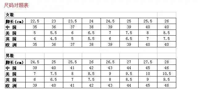 特步男女服装尺码对照的方法剂对照表