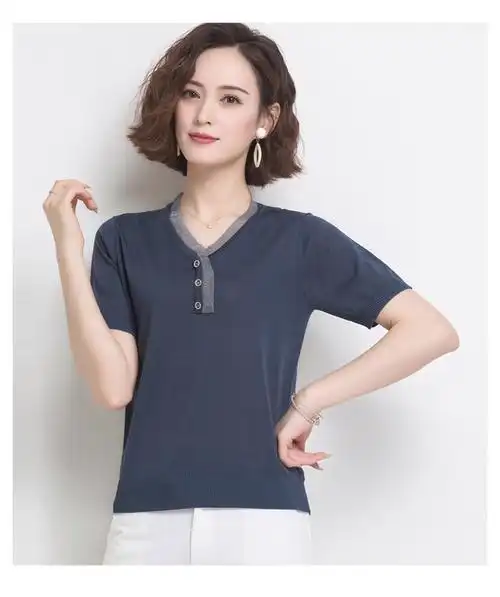 卡漫尔馨旗舰高档女装优i衣冰丝短袖t恤女夏季宽松大i码中年蚕丝针织v