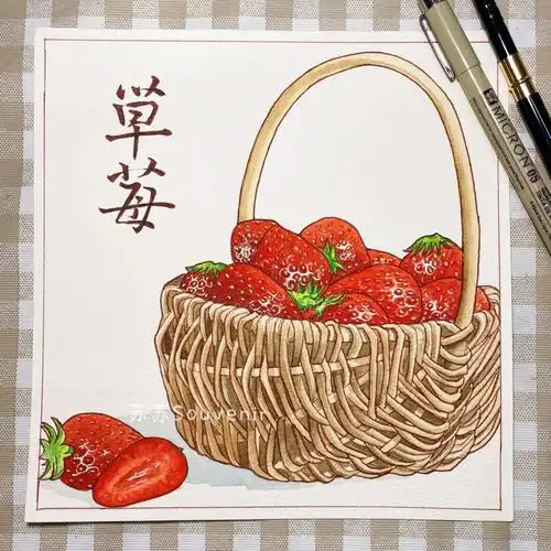 钢笔淡彩|手绘草莓🍓水彩插画过程附线稿