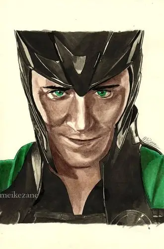 ink drawing of loki, as portrayed by the amazing tom hiddleston.
