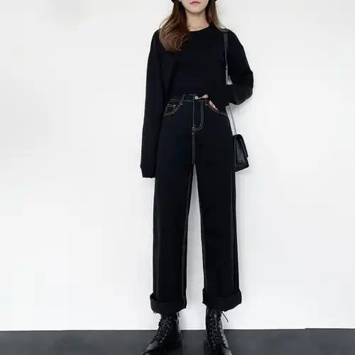 黑色牛仔裤女百搭显瘦裤子直筒高腰宽松学生秋季新款加绒阔腿韩版