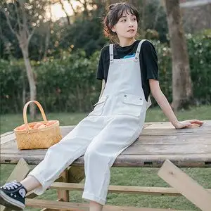 白色牛仔背带裤女夏2019新款韩版宽松网红森系减龄可爱九分连体裤