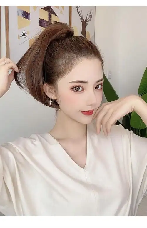 超短马尾假发女 抓夹式短款直发假马尾 网红微卷自然辫子仿真假发 浅