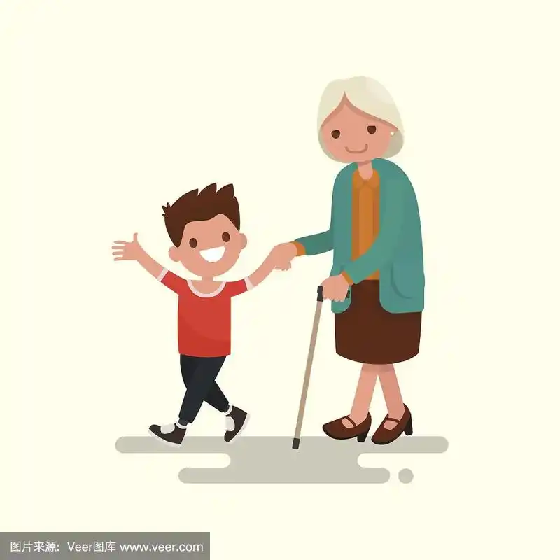 孙子和奶奶一起散步.矢量图