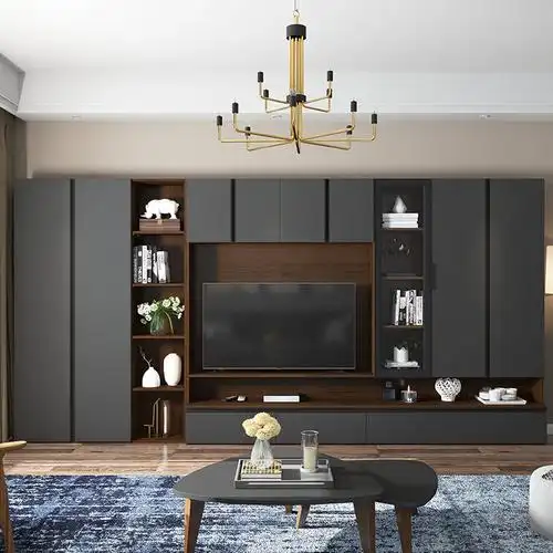 轻奢客厅电视柜一体组合墙柜背景墙满墙电视机柜书柜实木定制柜子
