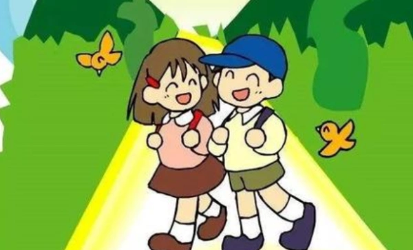 两个小学生早上背着书包去上学写看图写话怎么写