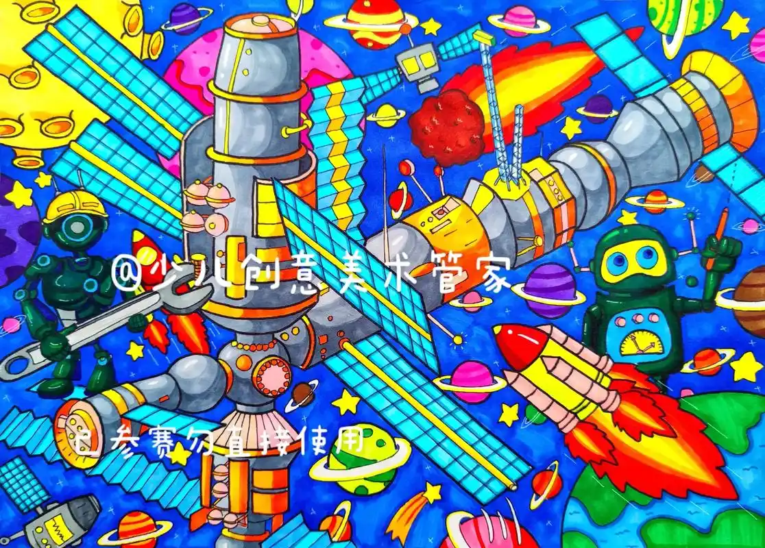 《未来空间站》太空科幻画|定制|马克笔#科幻画 #科幻画作品 - 抖音