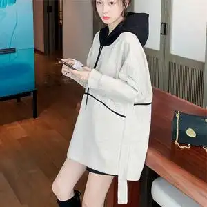 中长款连帽卫衣女套头上衣2019年秋冬新款韩版宽松百搭毛呢外套潮