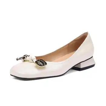 瓢鞋女真皮羊皮方头鞋子3cm中跟四季单鞋白色37