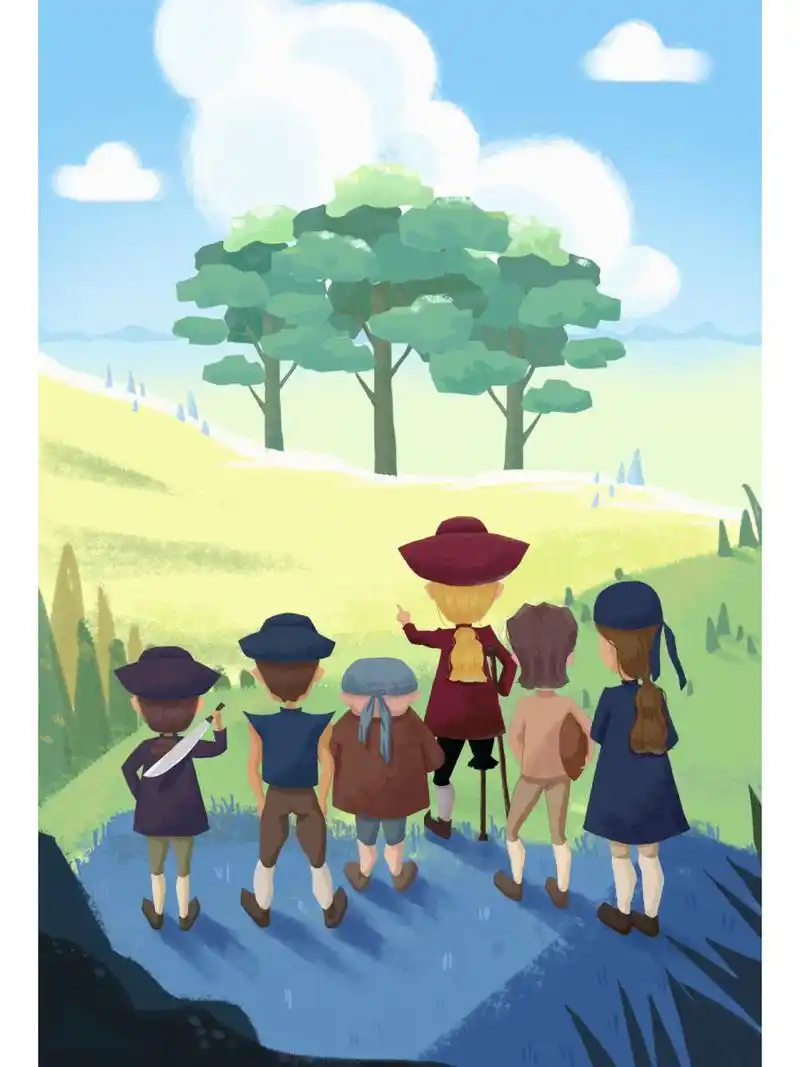 《金银岛》内页插图 文章: 希尔弗一坐下去就用罗盘测量起方位来.