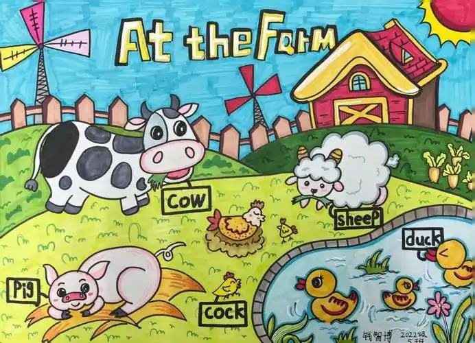 本次英语手抄报分为三个主题,一年级的孩子们以农场动物为主题,绘出了