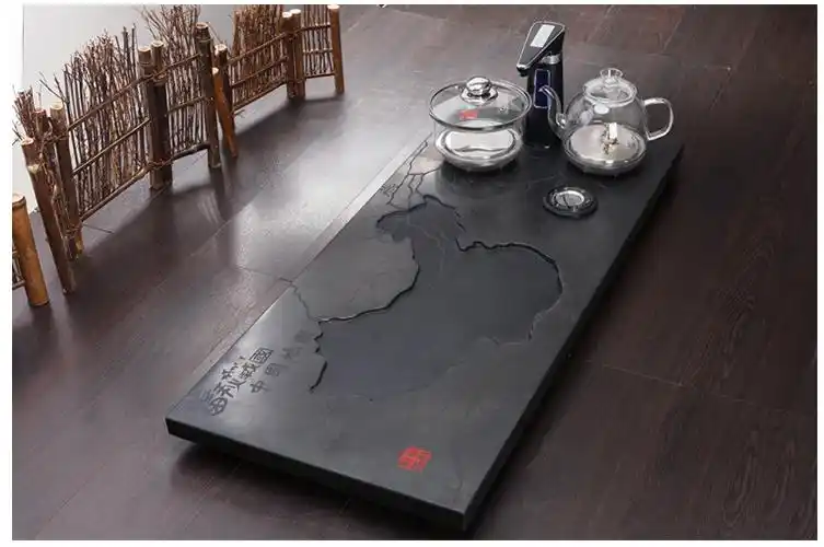 乌金石茶盘茶台家用整块黑金石天然原石茶海大号石茶具套装排水地图