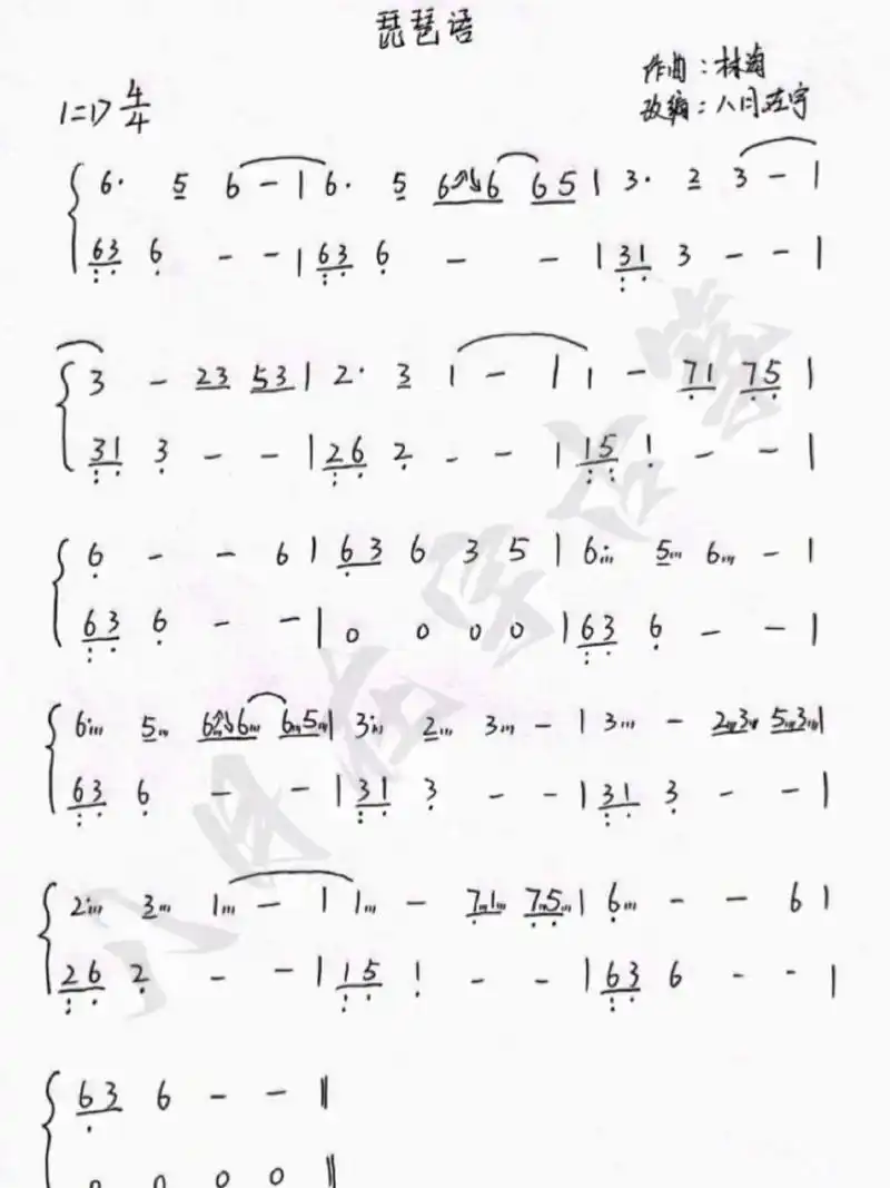 《琵琶语》古筝d调曲谱