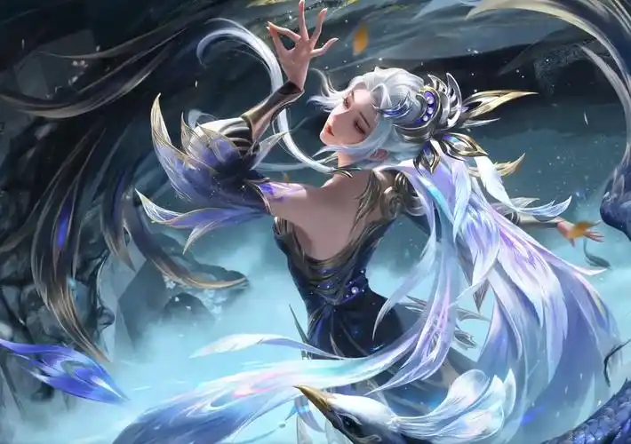 虞姬星传说黛羽霜翎皮肤延续了虞姬-云霓雀翎皮肤的主题设计元素,将