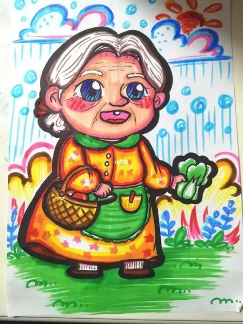 技能高考提菜篮的老奶奶儿童画