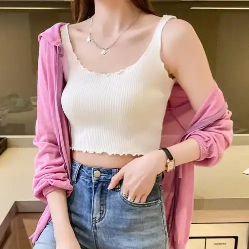 实拍小吊带背心女内搭外穿夏t恤纯色短款性感抹胸上衣冰丝针织衫