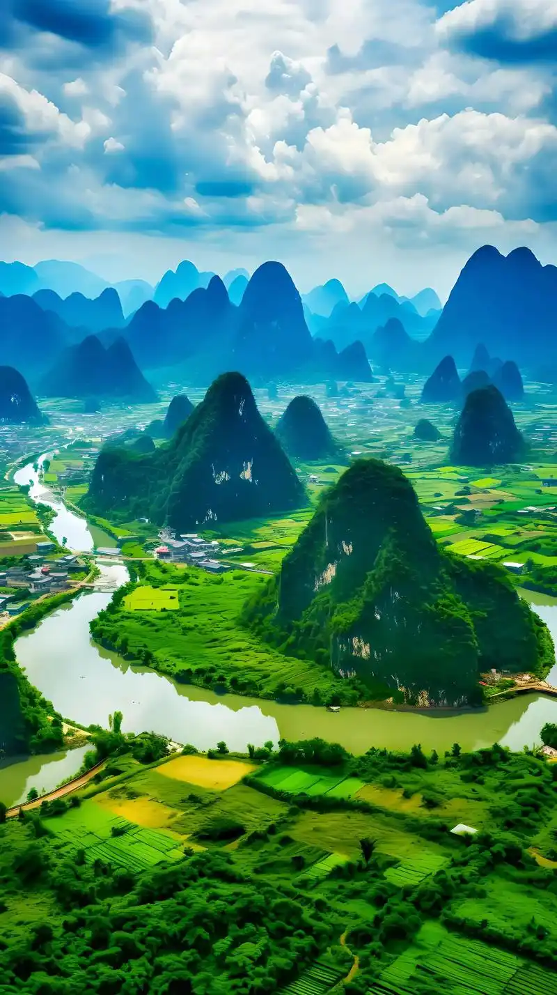 桂林金鸡峰,峰峦错落,山水相依.其峰顶金鸡展翅,与周边山峰交相辉映