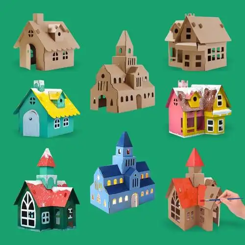 手幼儿园儿童纸盒diy手工制作纸板小屋材料纸箱小房子材料涂色玩具 库