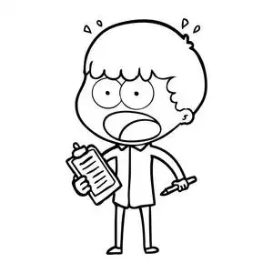 卡通片震惊男子与剪贴板和笔坐着的商人和商人讨论工作过程,连续画线