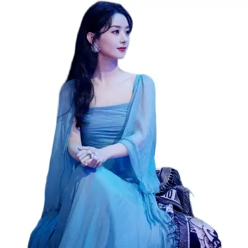 蓝色连衣裙赵丽颖同款主持人名媛显瘦收腰晚宴会演出服百褶礼服裙