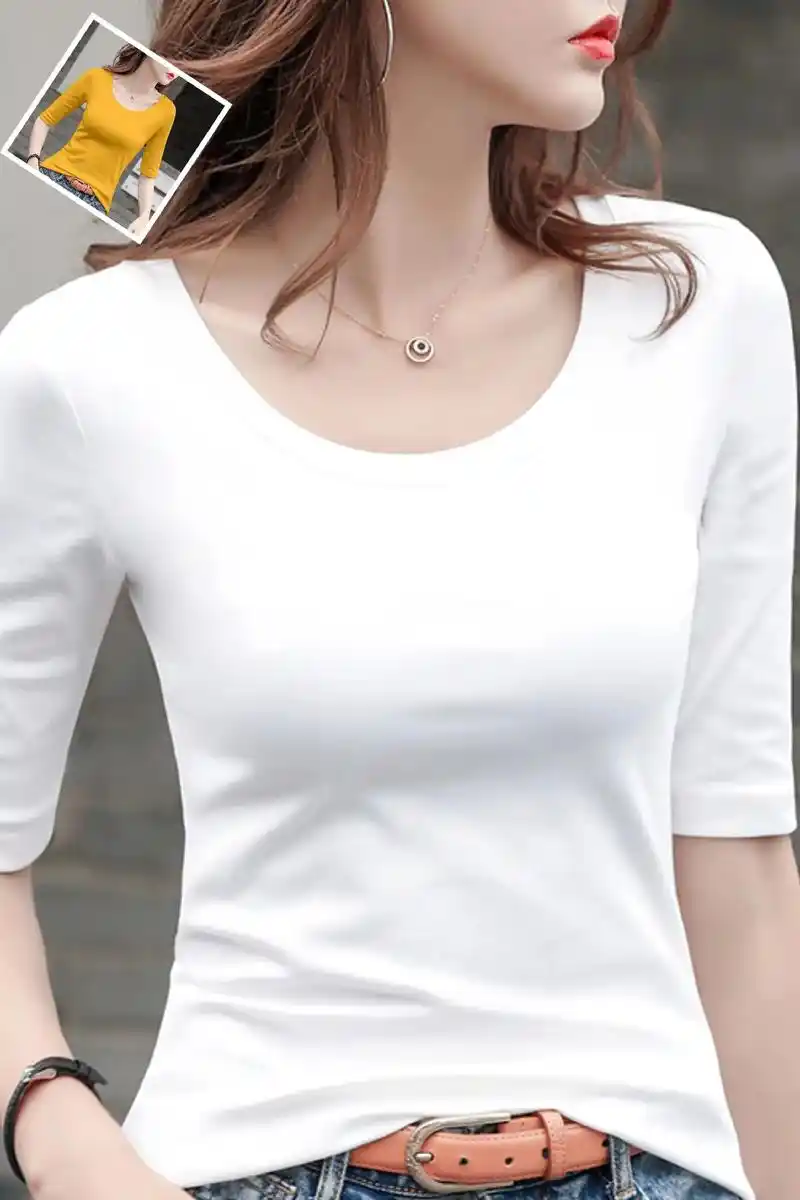 修身纯棉五分袖内搭新款小衫洋气打底衫七分袖上衣白色中袖t恤女 - 抖
