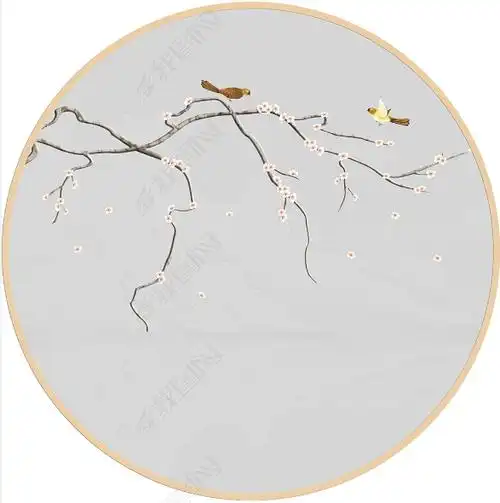 花纹图案新中式手绘梅花花鸟圆形花纹图案家居数码图案