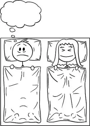 夫妻躺在床上,女人在睡觉,男人在思考问题或痛苦的矢量卡通失眠