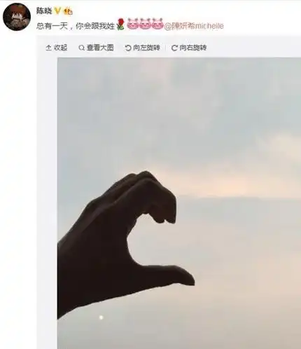 陈晓曾隔空认爱陈妍希"总有一天,你会跟我姓",配图中陈晓比出半颗爱心