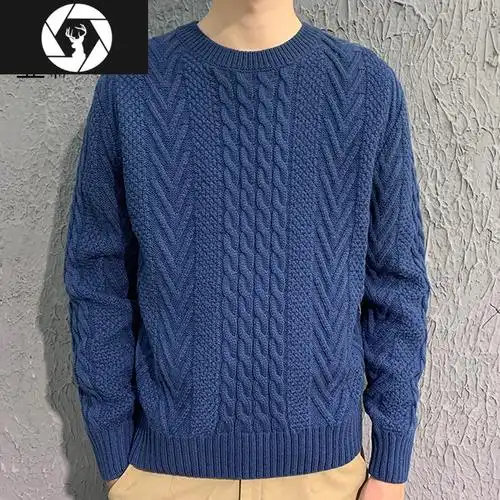 hongzun冬季高领粗线手工编织麻花粗针圆领毛衣男加厚宽松保暖针织衫