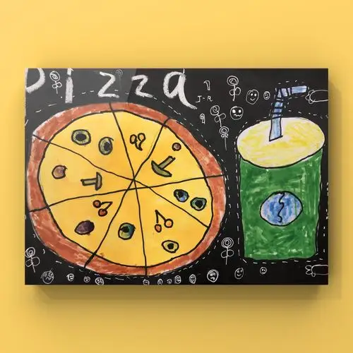 2,并发挥想象绘画出披萨里面的食物. 3,背景食物的搭配.