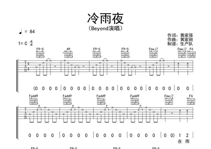 冷雨夜吉他谱_beyond_c调弹唱六线谱_生产队上传