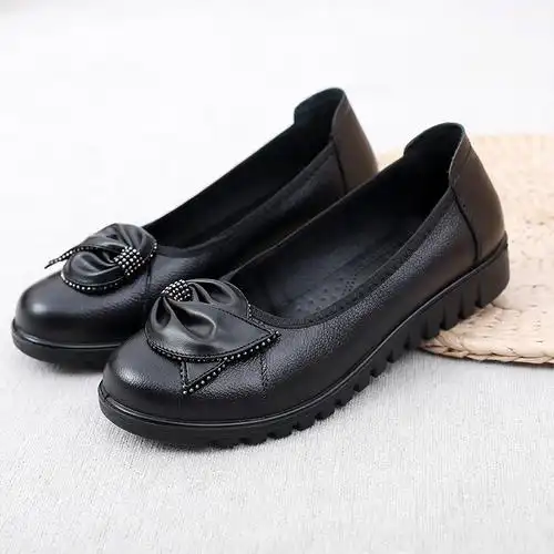 mulinsen真皮妈妈鞋单鞋女舒适休闲软底中老年平底女鞋乐福鞋皮鞋