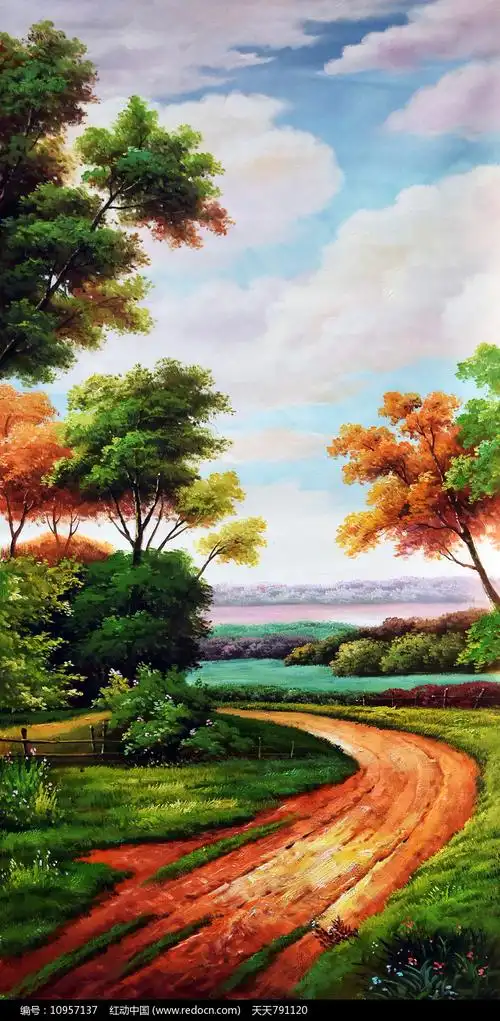 手绘公园风景油画玄关装饰画图片_背景墙|装饰画_编号10957137_红动