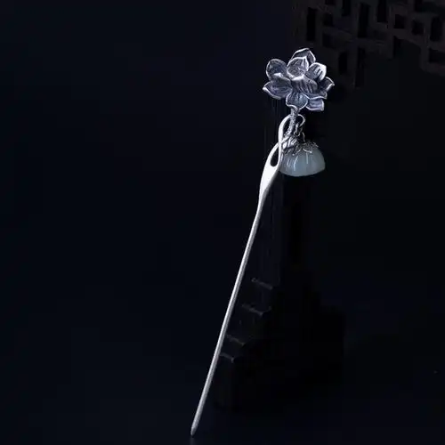 玉石莲花925银发簪女复古泰银古风古典中国风和田玉气质发詹钗子