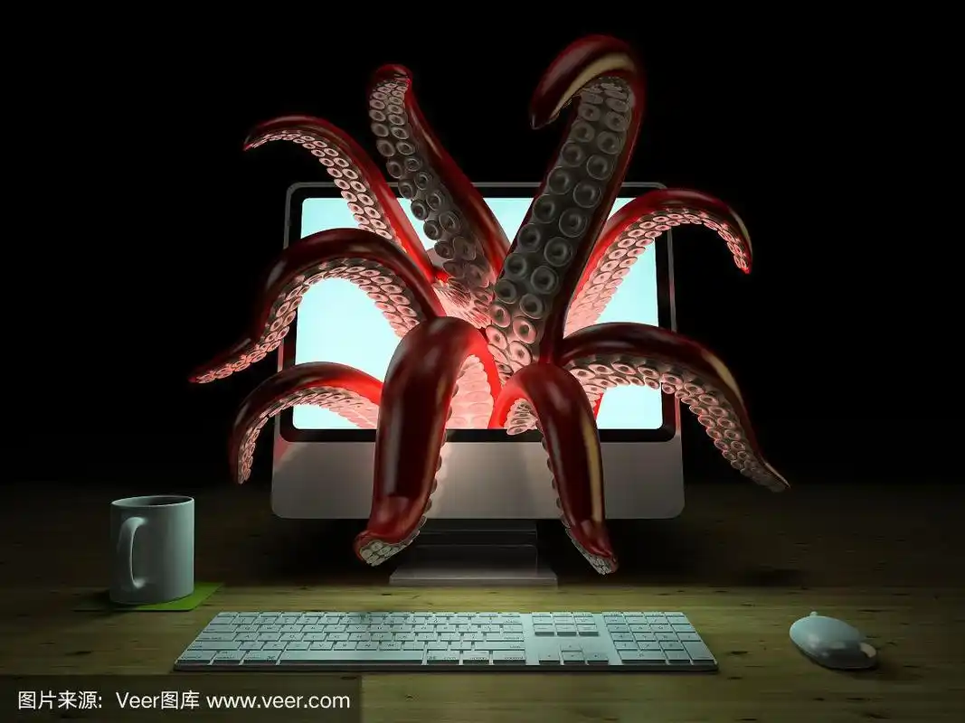 红色触手从电脑显示器3d渲染出来