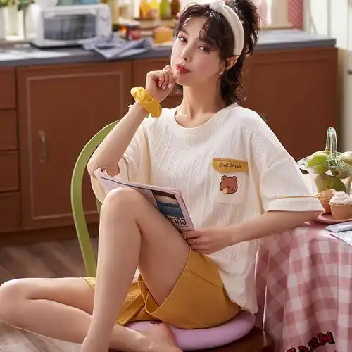 新款韩版睡衣夏装针织棉女生两件套可外穿卡通家居服圆领套头短袖
