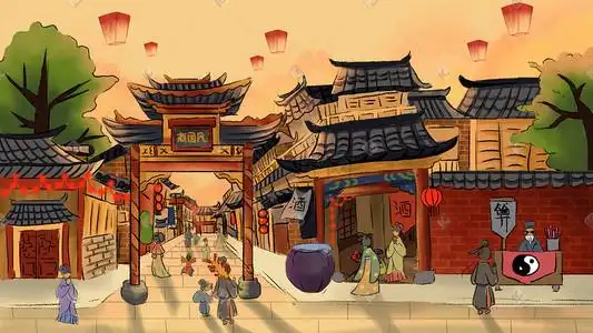 冬天古建筑庭院冬天寒冷老院子新年春节新春国潮手绘大场景古建筑插画