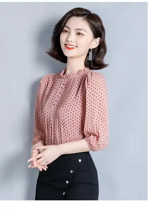 夏季半高领雪纺女上衣七分袖波点短袖女士体恤t恤小衫显瘦大号码t恤