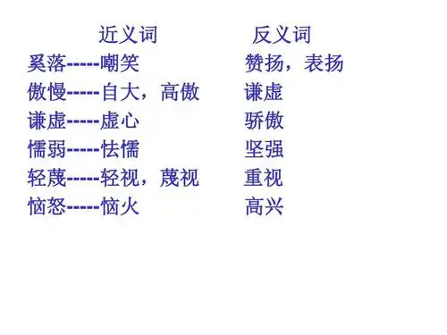反义词 赞扬,表扬 谦虚 骄傲 坚强 重视 高兴
