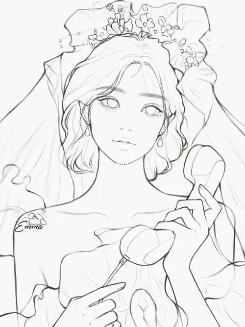 水彩人像线稿粉色婚纱女孩