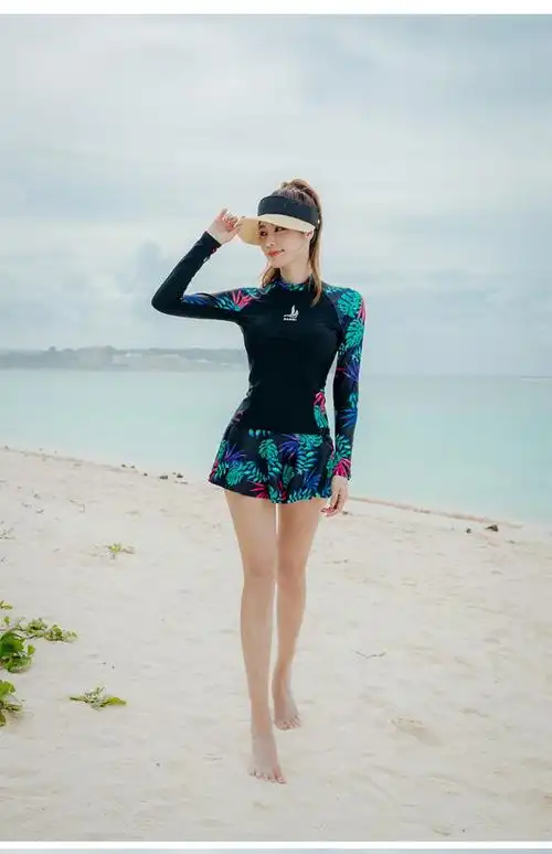 三奇长袖泳衣女士保守分体裙式显瘦遮肚运动韩国大码泡温泉游泳装桔色