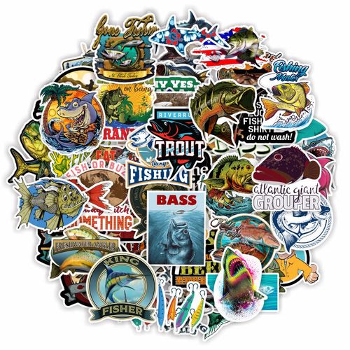 65张路亚垂钓钓鱼户外雕箱logo贴纸防水卡通装饰海鱼淡水鱼贴画
